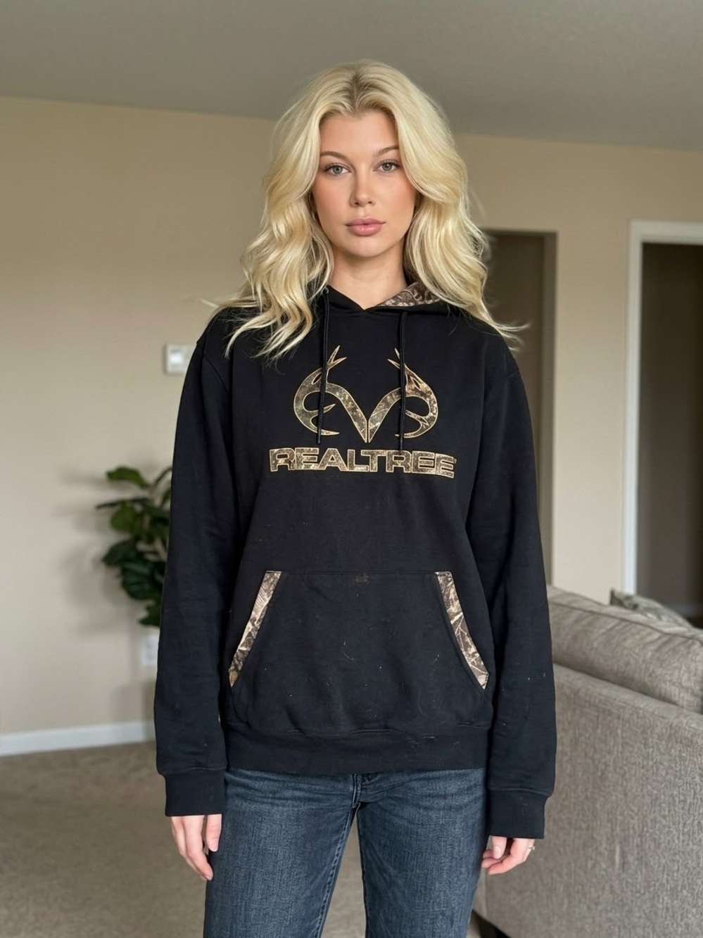 Realtree Black Crewneck Hoodie with Camo Logo